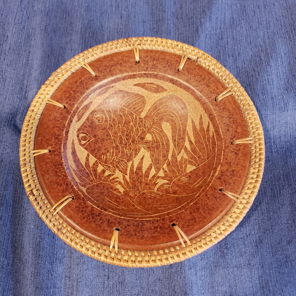 Vintage Clay Pottery with Rattan Trim
